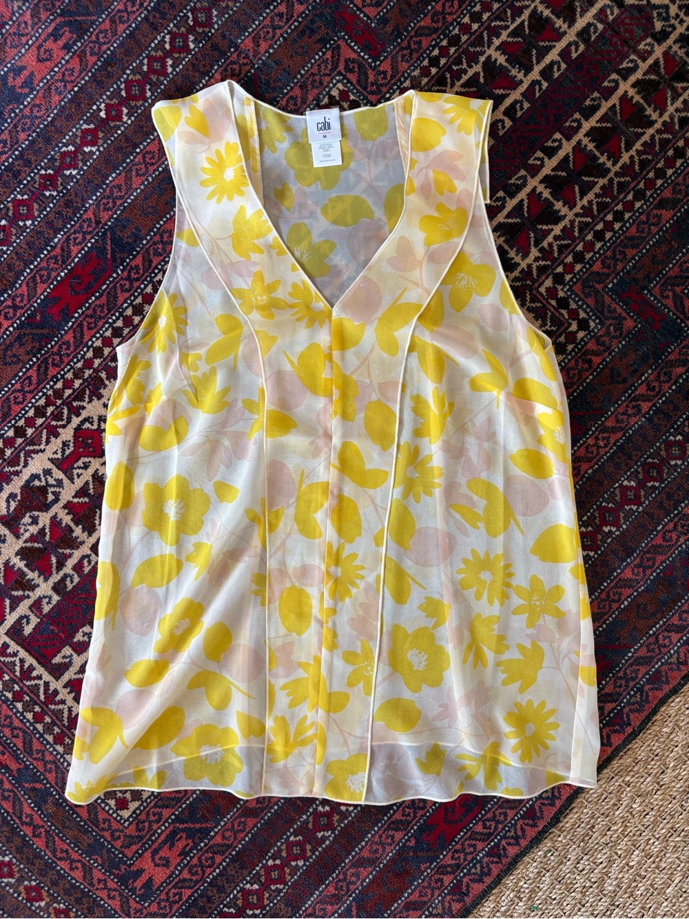 CAbi Yellow and Cream Floral V-Neck Sleeveless Top